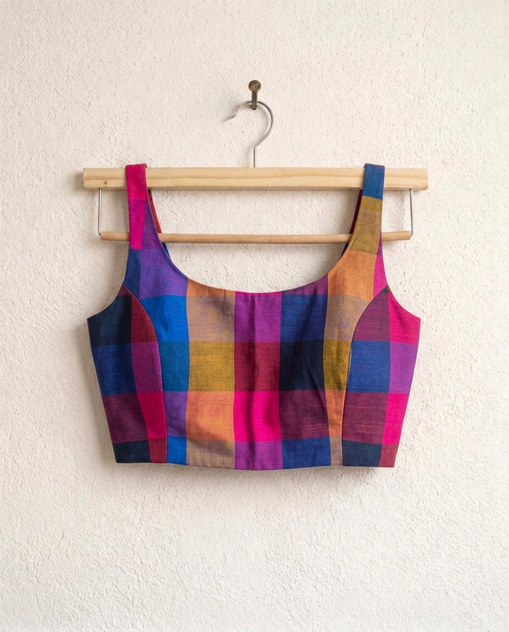 Madras Checks Sleeveless Readymade Blouse with U neck - Multicolor 4