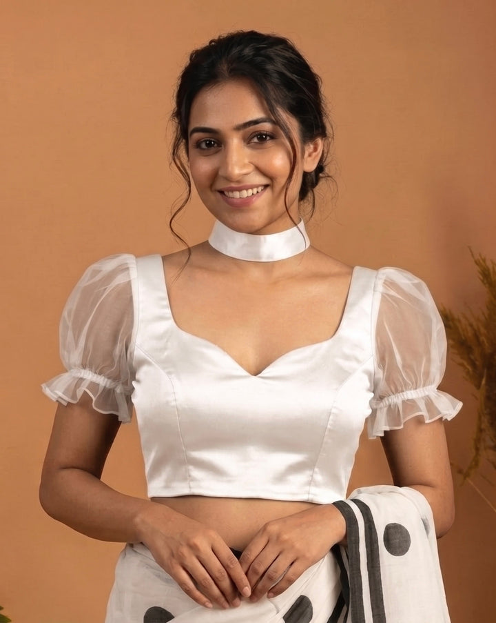 After Hours Satin sweetheart blouse with choker band - White