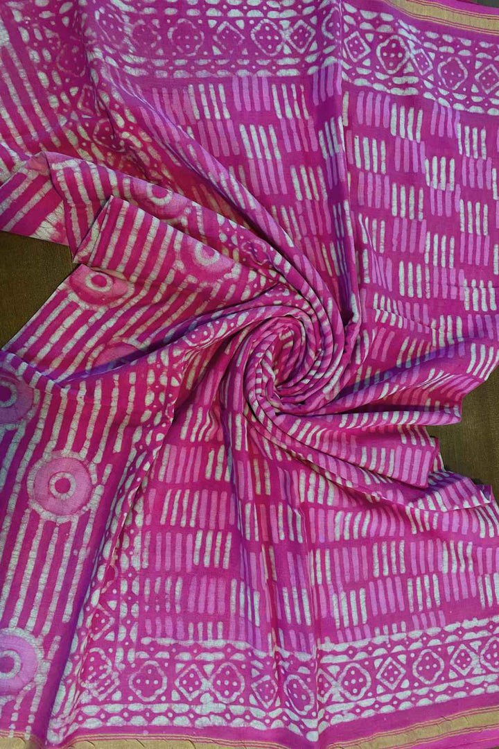 Blush of Dawn Dabu Block Printed Cotton Zari Saree