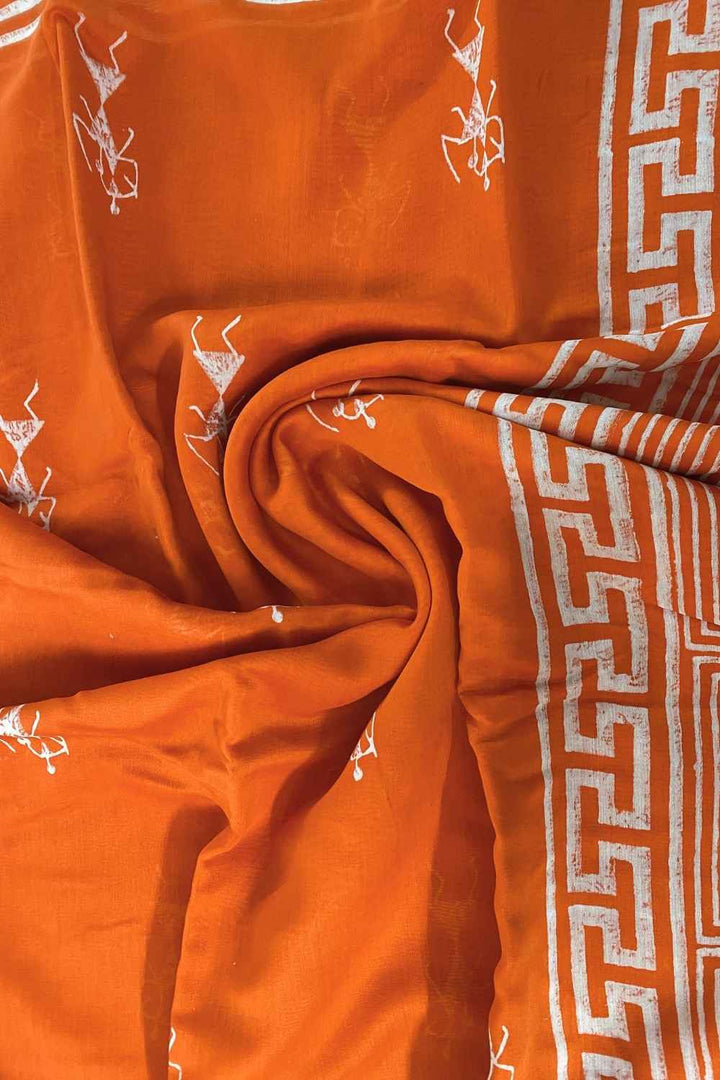 Moora Saree | Orange | Hand Block Printed | Chanderi Cotton Silk