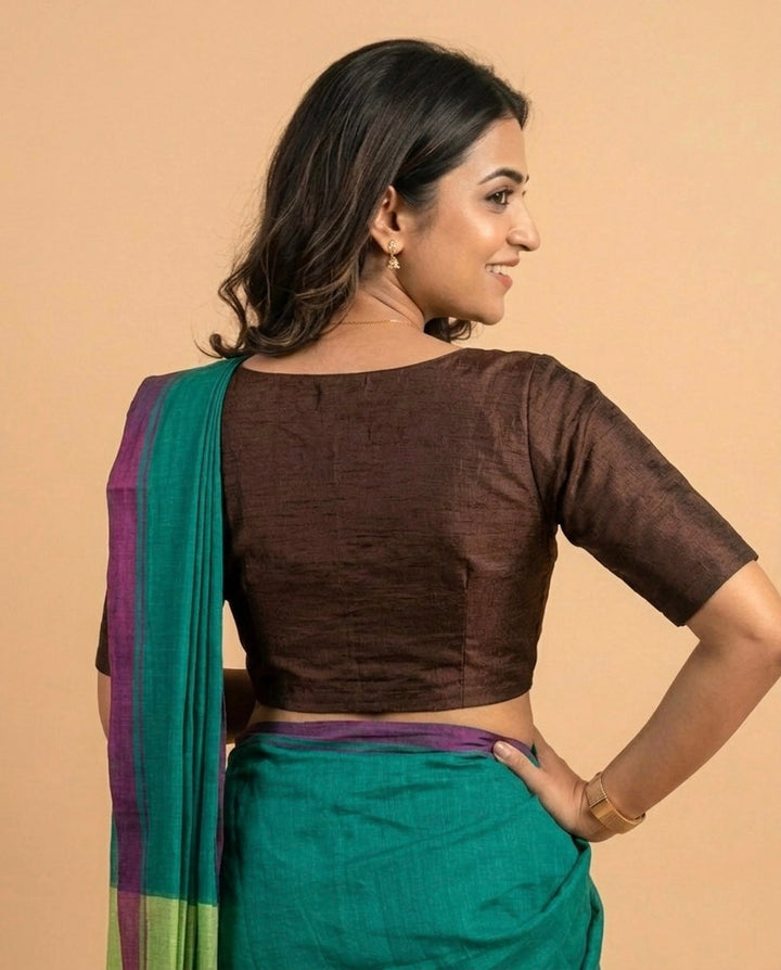 Sangini V neck Art Silk Blouse with Elbow Sleeves - Brown