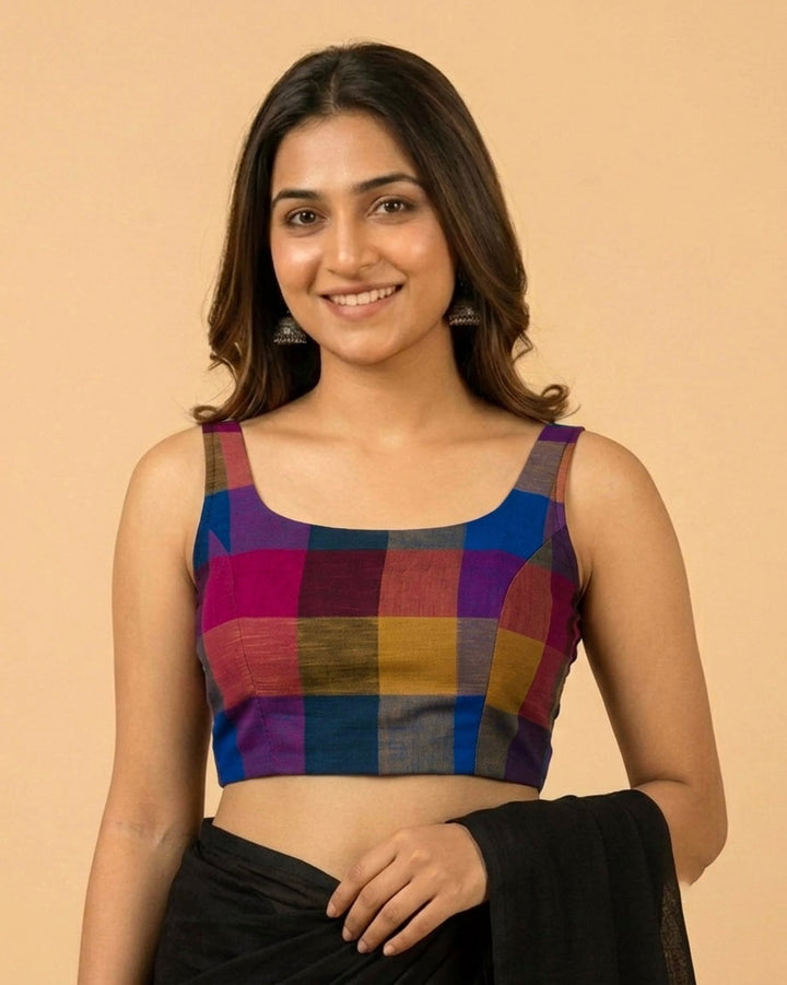 Madras Checks Sleeveless Readymade Blouse with U neck - Multicolor 4