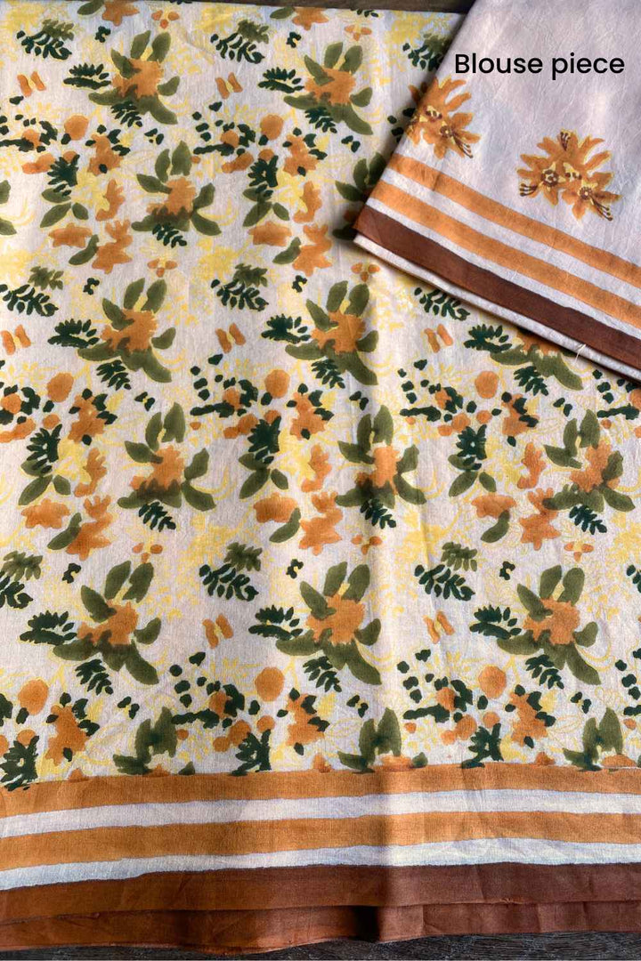Peach Blooms Hand Block Print Mulmul Cotton Saree