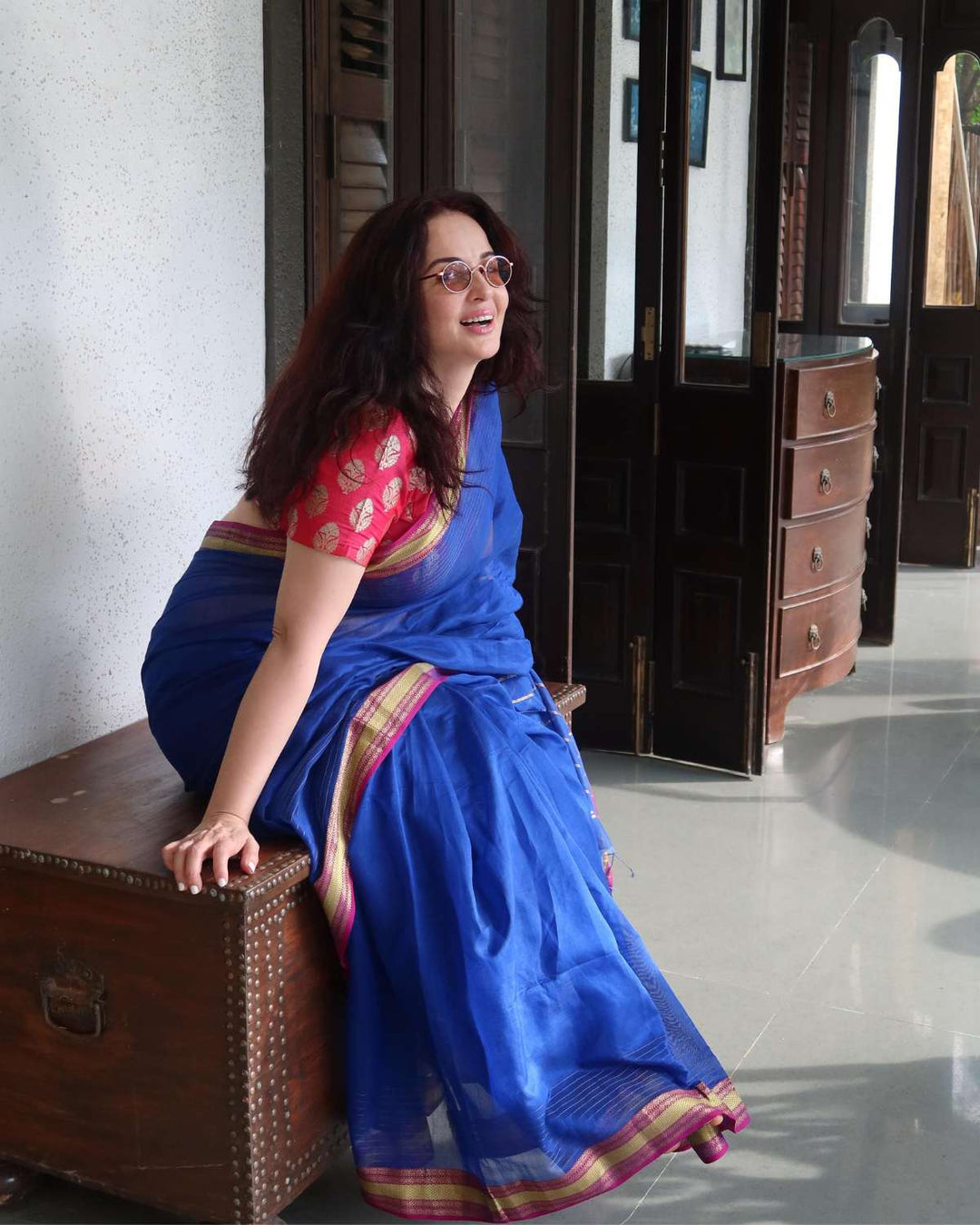 Dark blue Pure Silk Cotton Maheshwari Saree