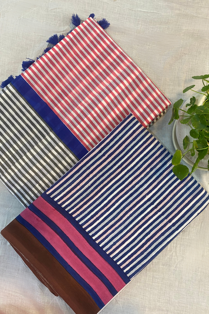 Striped Twin Pack - Hand-Block Cotton Saree Combo (Pack of 2)
