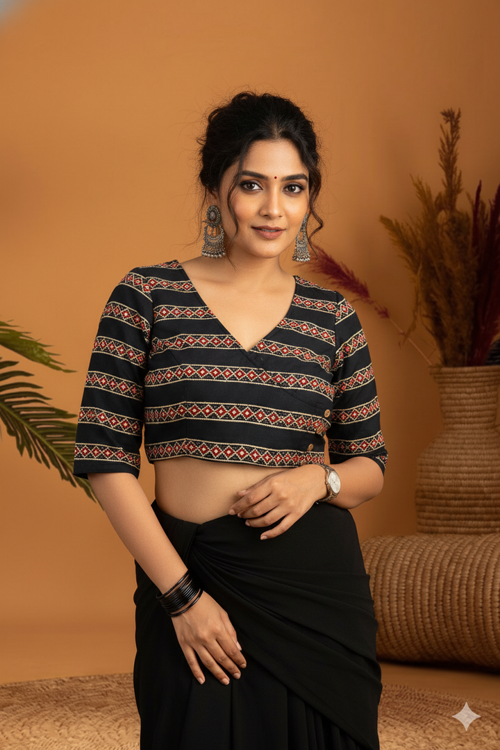 Mridula Floral Cotton Angrakha Style Blouse with Side Buttons