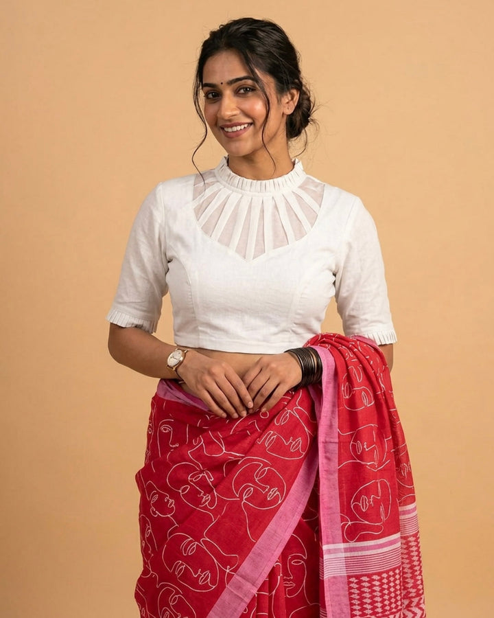 White Highline Silk Blouse with Sheer yoke