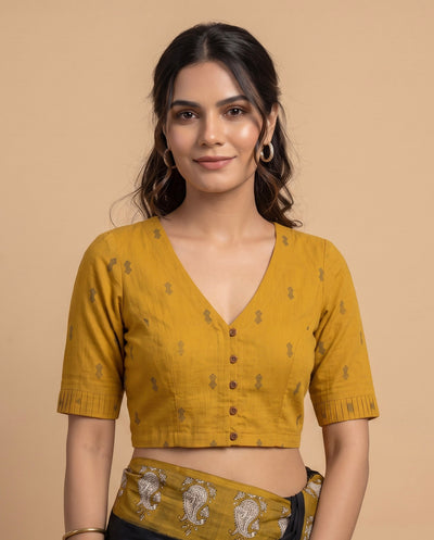 9AM button down blouse with elbow sleeve - Mustard Handwoven