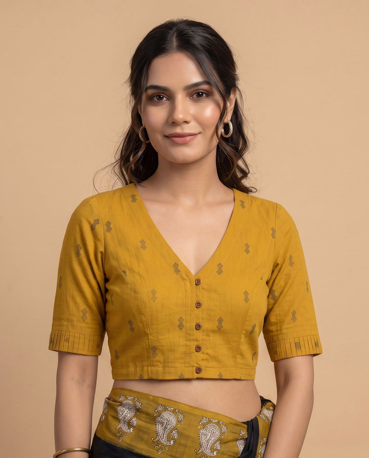 9AM button down blouse with elbow sleeve - Mustard Handwoven