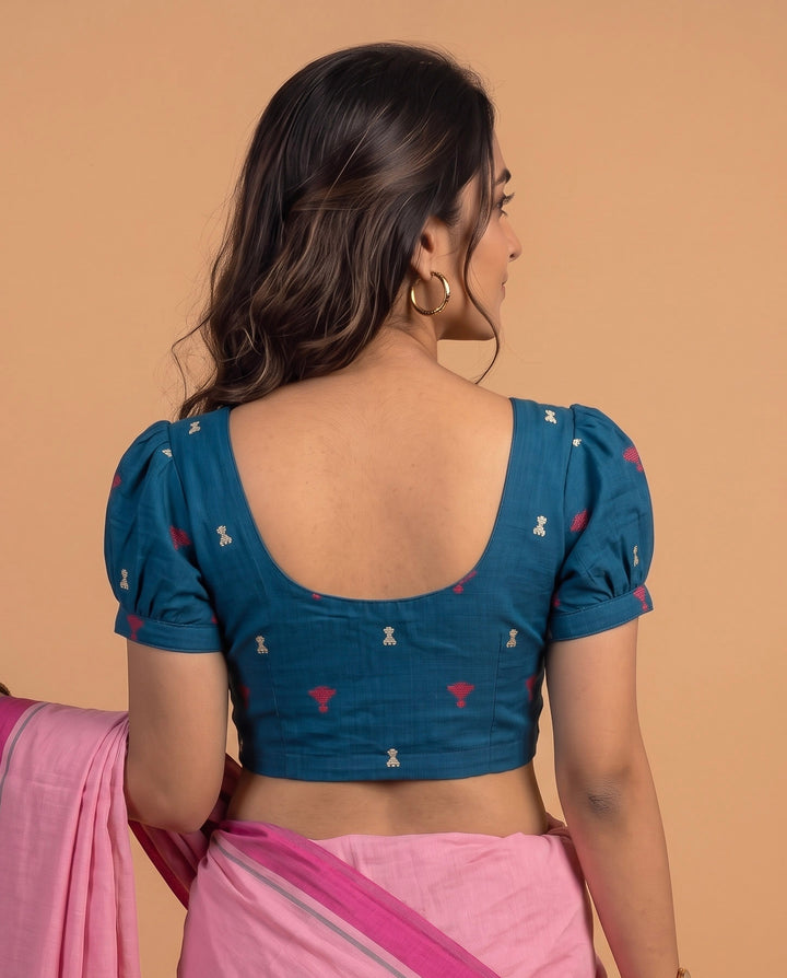 Subtle days V-neck Blue Blouse with Puff Sleeves