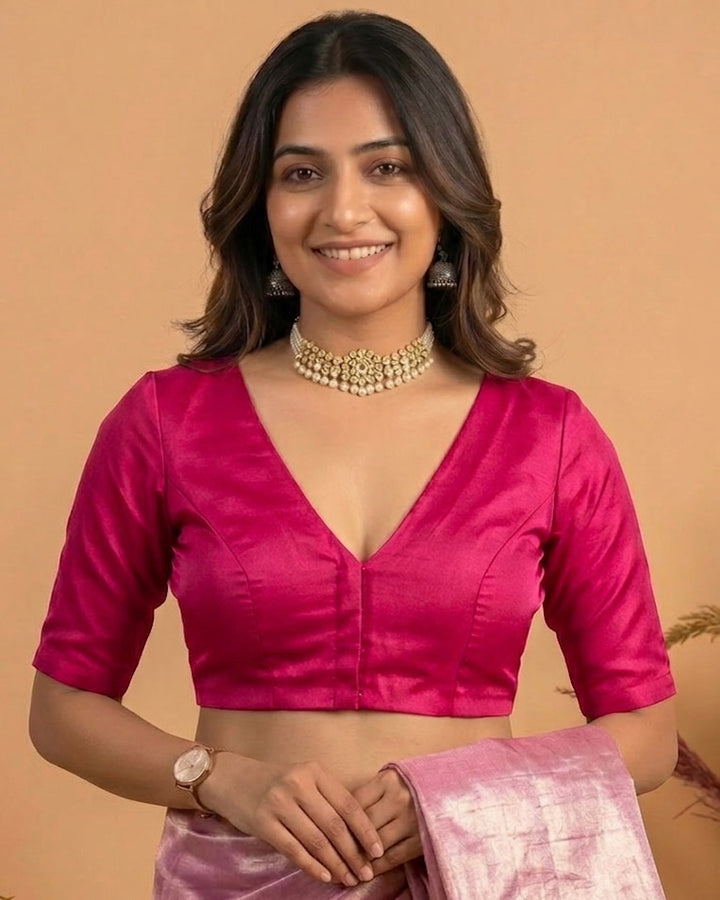 Sangini V neck Art Silk Blouse with Elbow Sleeves - Pink