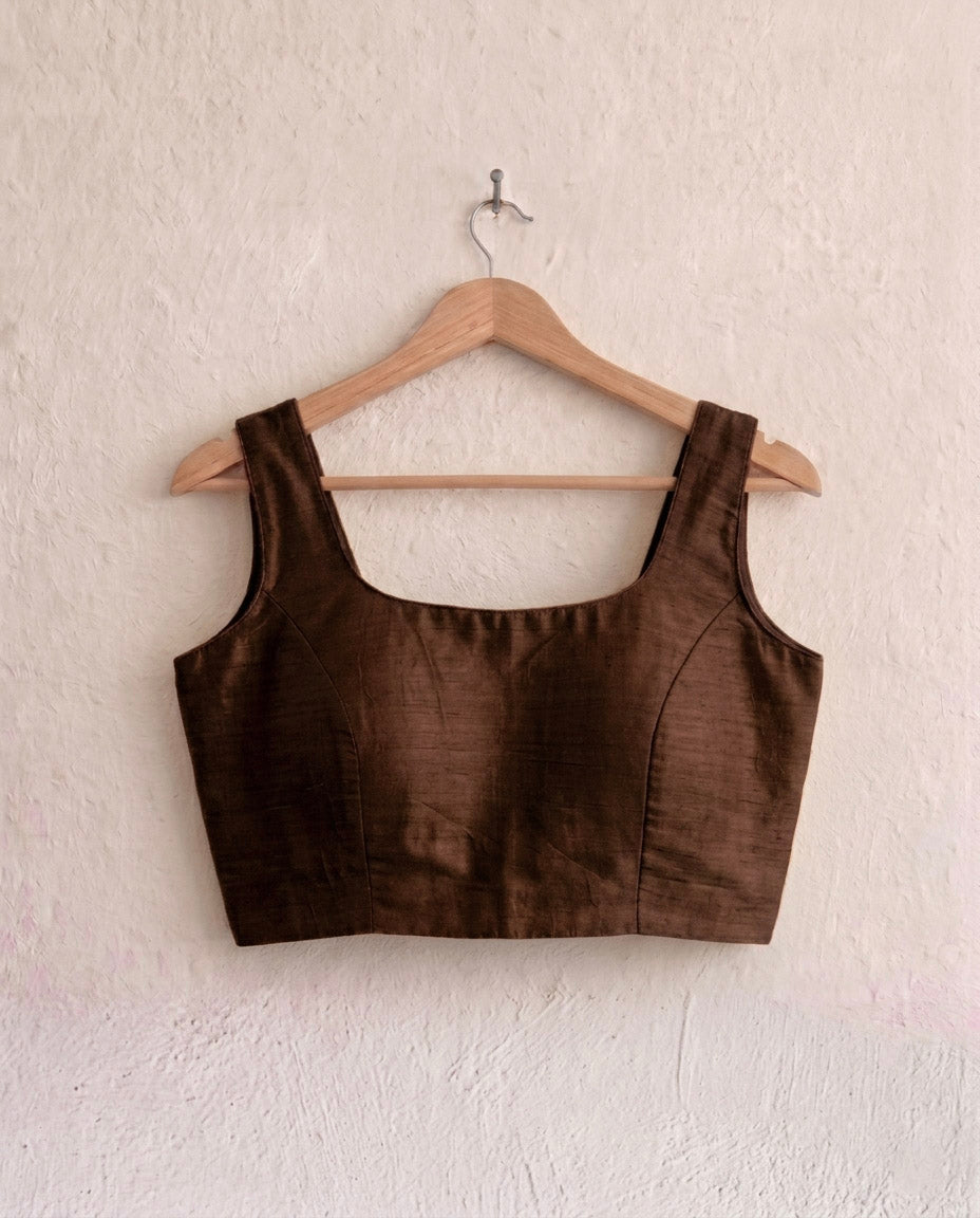 Brown Art Silk U neck Sleeveless Readymade Blouse