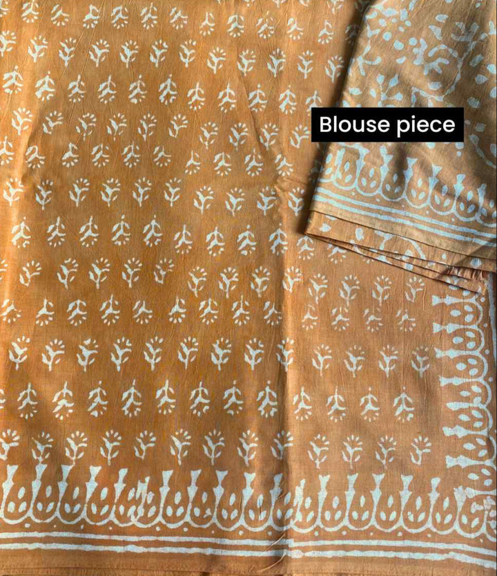 Dusty Orange Hand Block Print Mulmul Cotton Saree