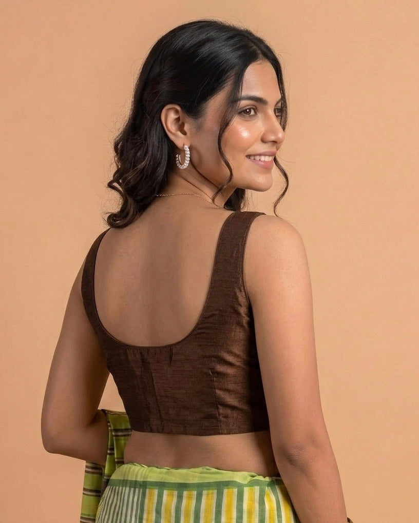 Brown Art Silk U neck Sleeveless Readymade Blouse