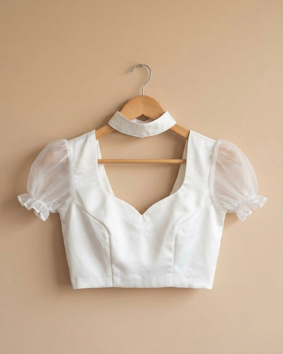 After Hours Satin sweetheart blouse with choker band - White