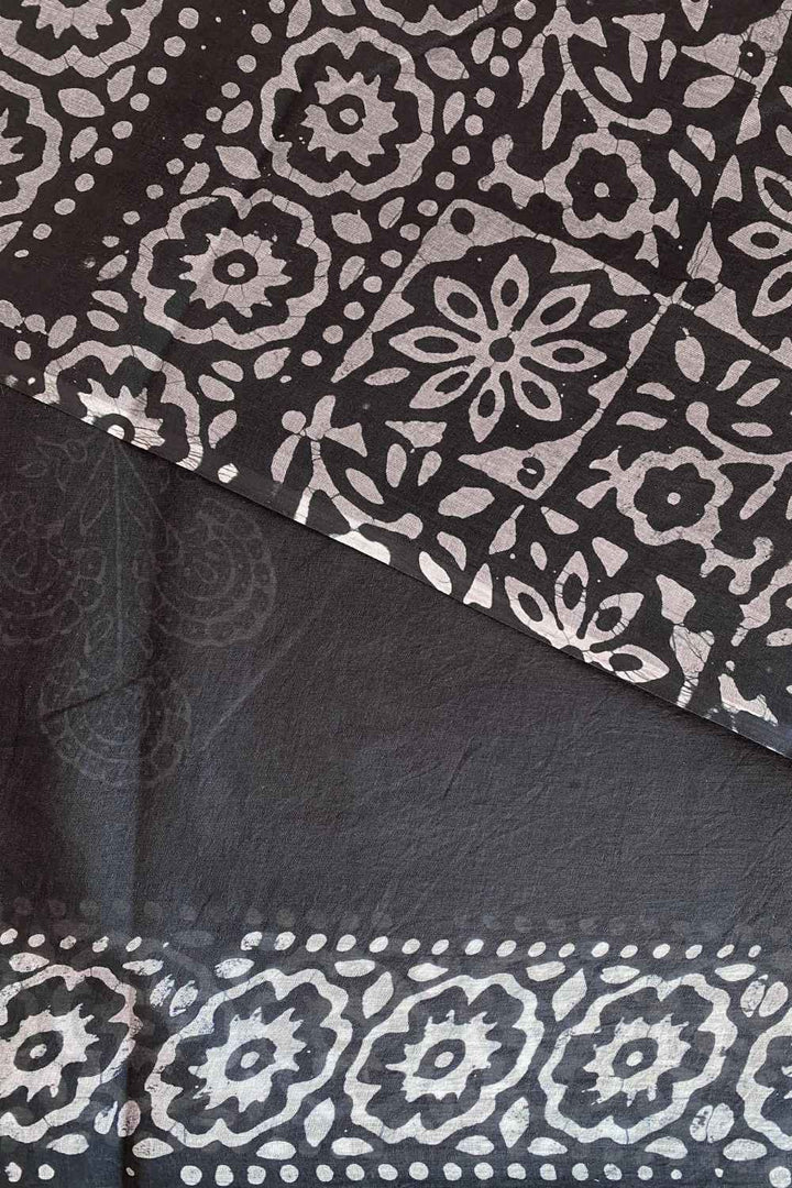 Charcoal - Grey Batik Pure Mulmul Cotton Saree