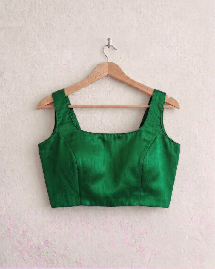 Dark Green Art Silk U neck Sleeveless Readymade Blouse