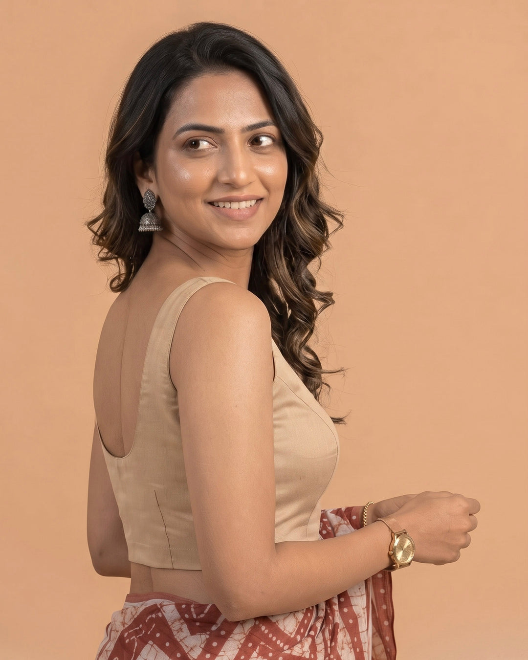 Beige Art Silk U neck Sleeveless Readymade Blouse