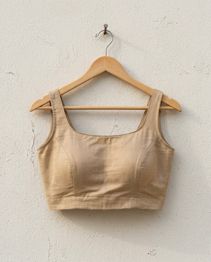Beige Art Silk U neck Sleeveless Readymade Blouse