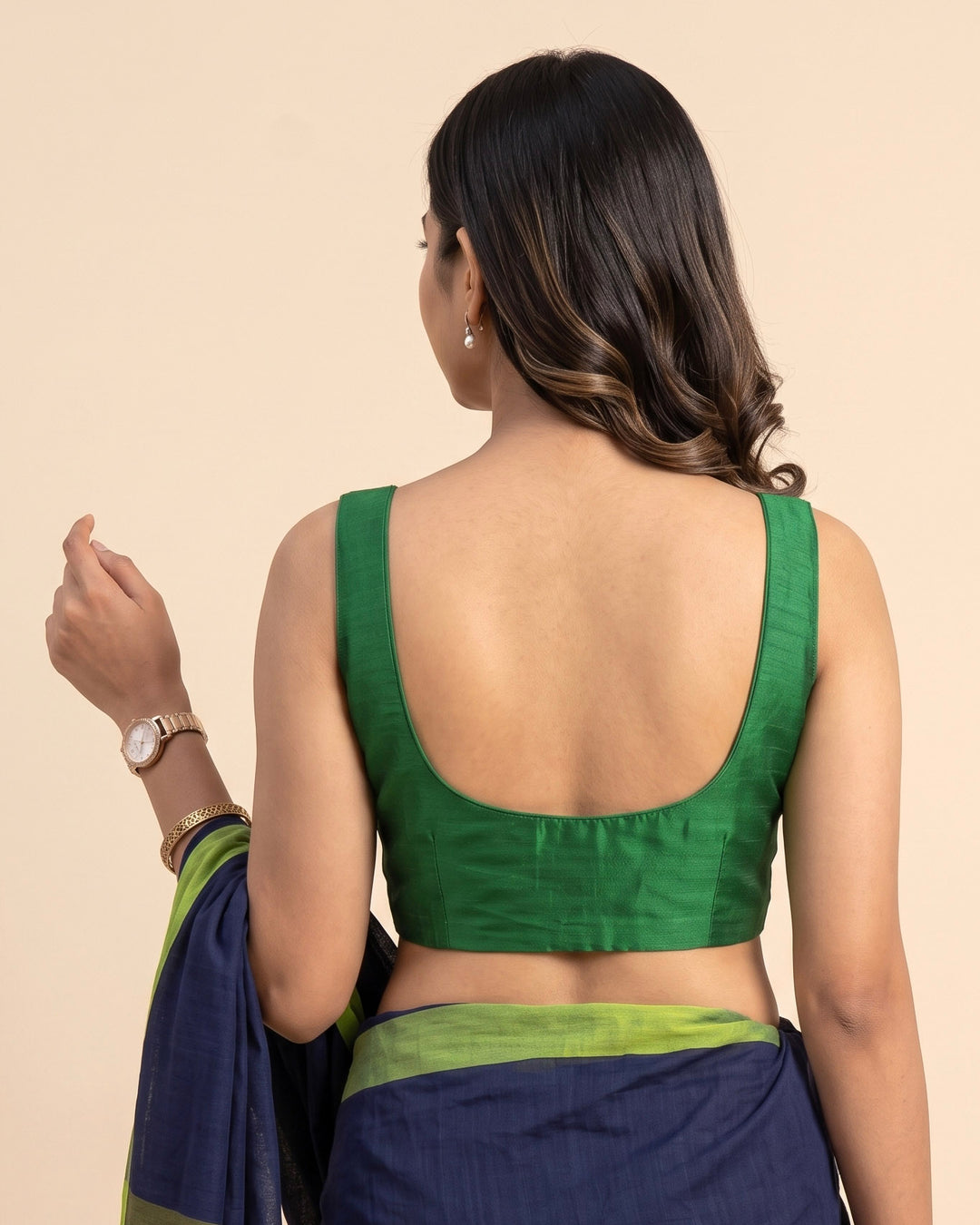 Dark Green Art Silk U neck Sleeveless Readymade Blouse