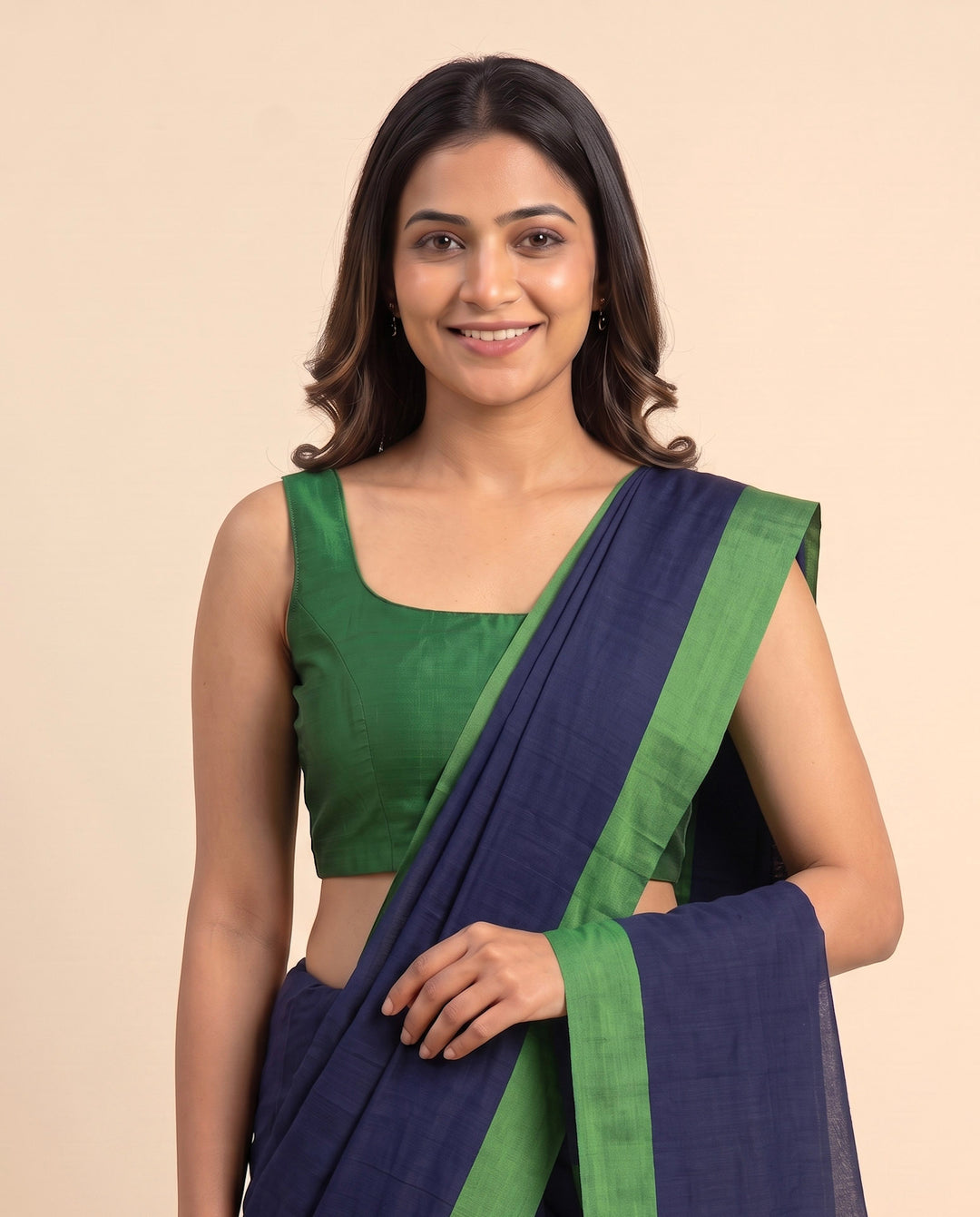 Dark Green Art Silk U neck Sleeveless Readymade Blouse