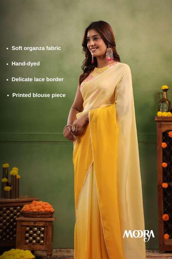 Shades of Yellow Ombre Organza Saree with Printed Blouse Fabric