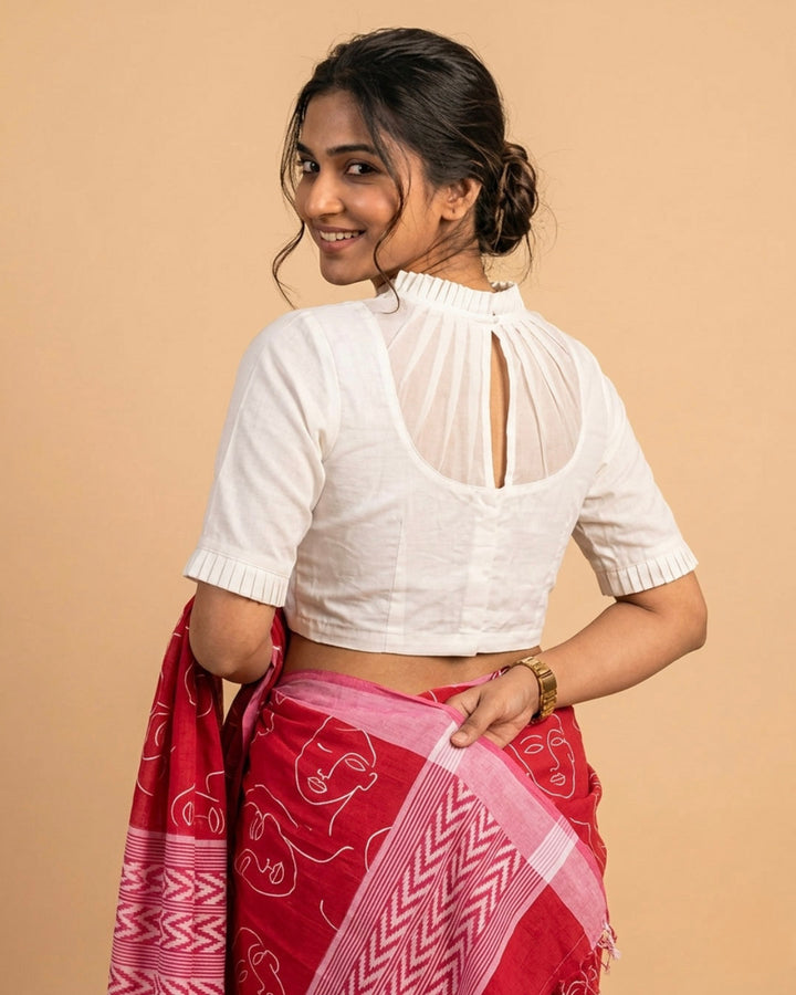 White Highline Silk Blouse with Sheer yoke
