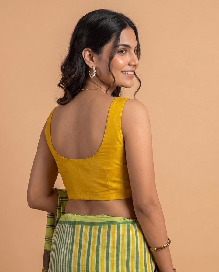 Yellow Art Silk U neck Sleeveless Readymade Blouse
