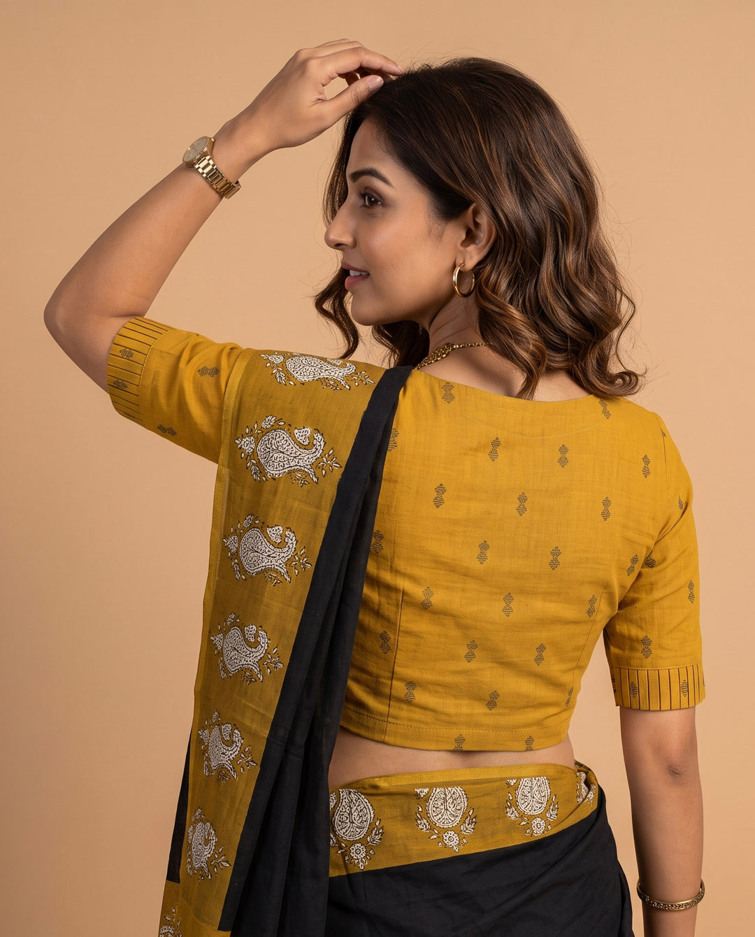 9AM button down blouse with elbow sleeve - Mustard Handwoven