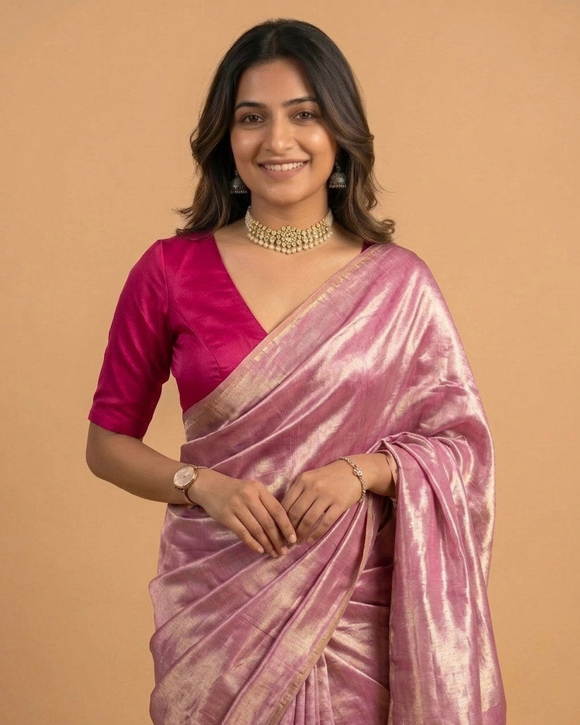 Sangini V neck Art Silk Blouse with Elbow Sleeves - Pink
