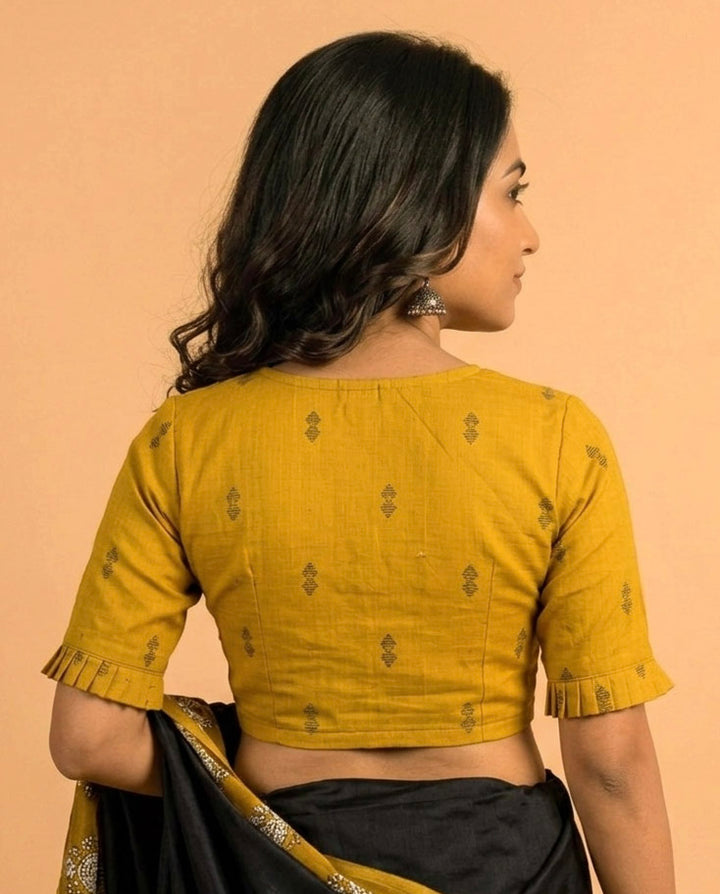 9AM button down blouse with elbow sleeve - Mustard Handwoven