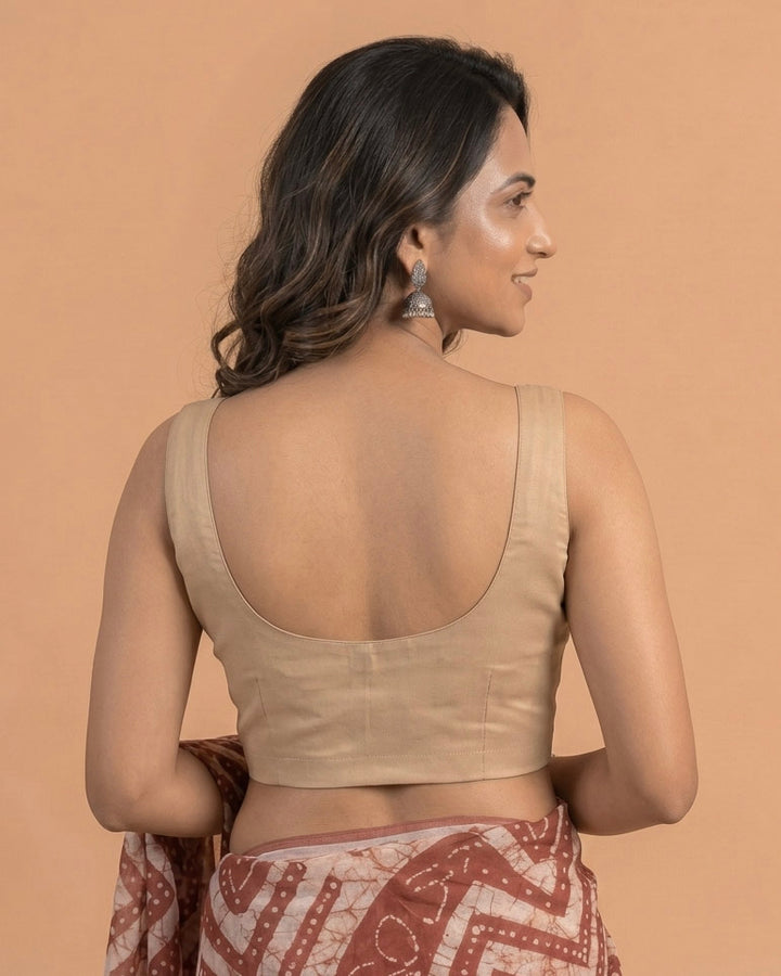 Beige Art Silk U neck Sleeveless Readymade Blouse