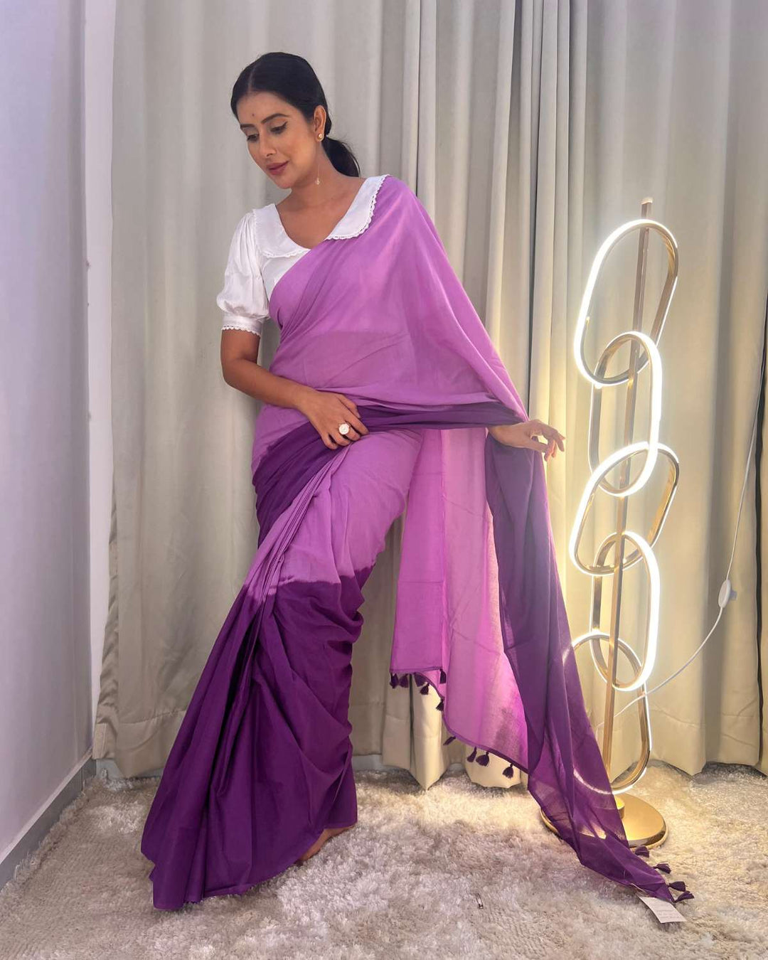 Violet Haze Ombre Hand Dyed Mulmul Cotton Saree