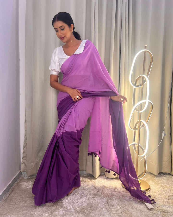 Violet Haze Ombre Hand Dyed Mulmul Cotton Saree