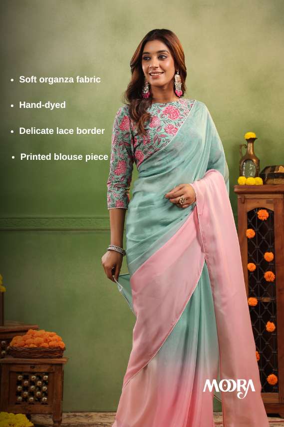 Aqua & Pink Ombre Organza Saree with Printed Blouse Fabric