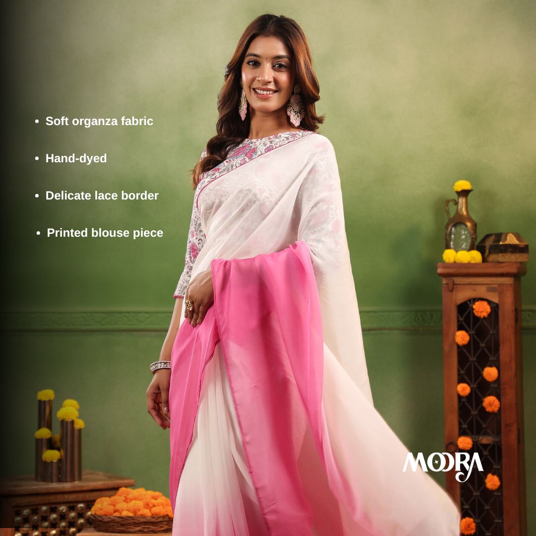 Rosy Pink Ombre Organza Saree with Printed Blouse Fabric