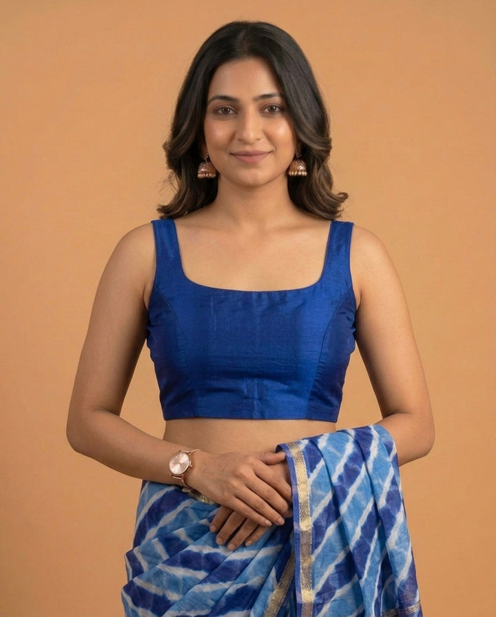Navy Blue Art Silk U neck Sleeveless Readymade Blouse