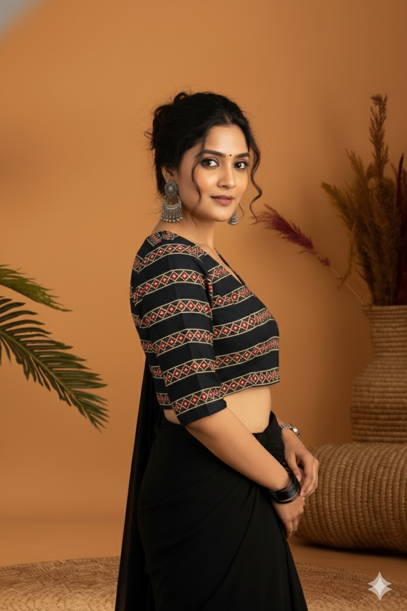 Mridula Floral Cotton Angrakha Style Blouse with Side Buttons