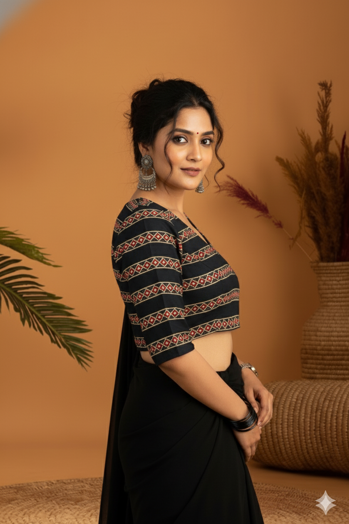 Mridula Floral Cotton Angrakha Style Blouse with Side Buttons