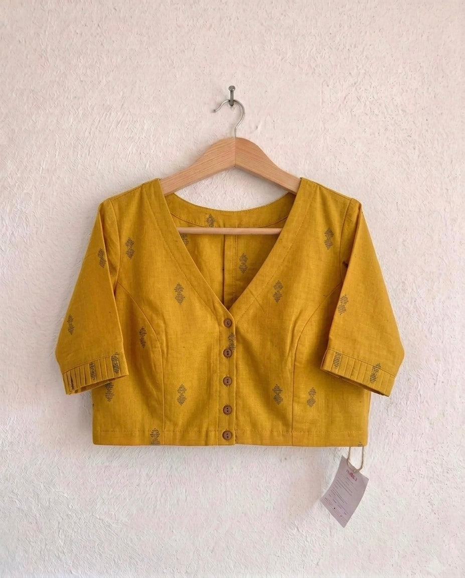 9AM button down blouse with elbow sleeve - Mustard Handwoven