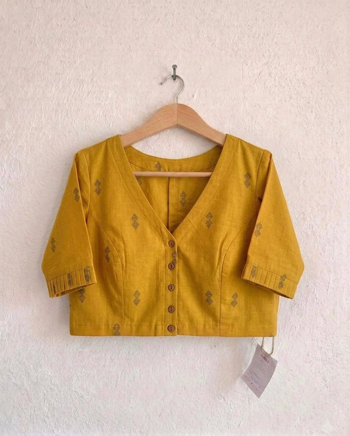 9AM button down blouse with elbow sleeve - Mustard Handwoven