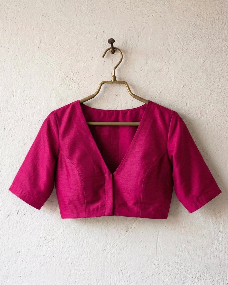Sangini V neck Art Silk Blouse with Elbow Sleeves - Pink