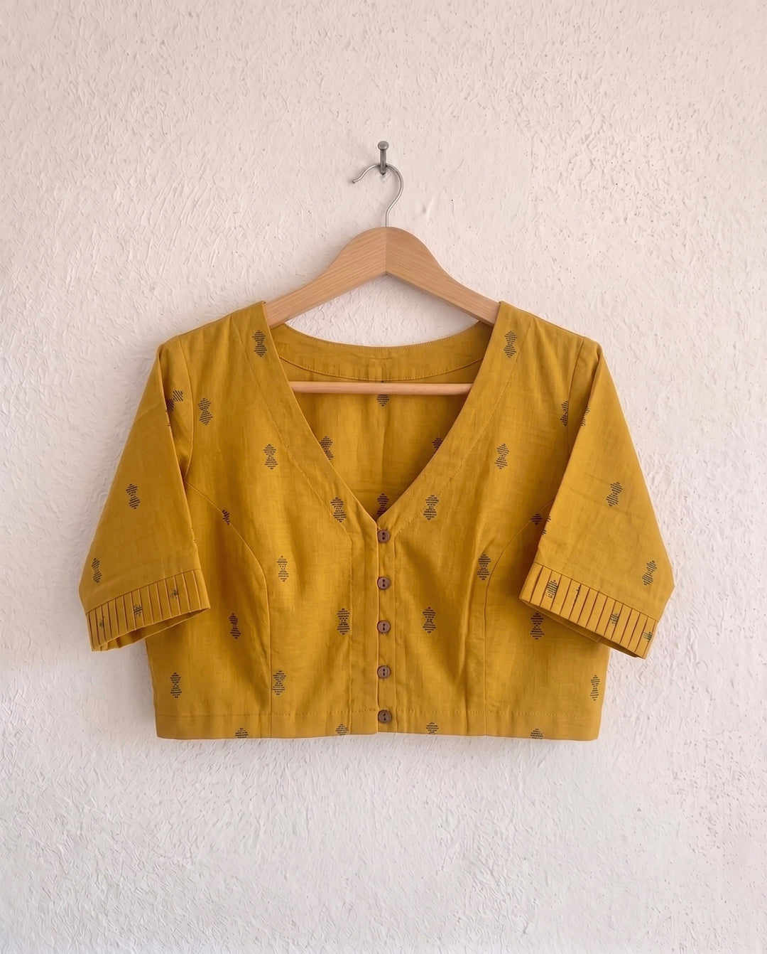 9AM button down blouse with elbow sleeve - Mustard Handwoven