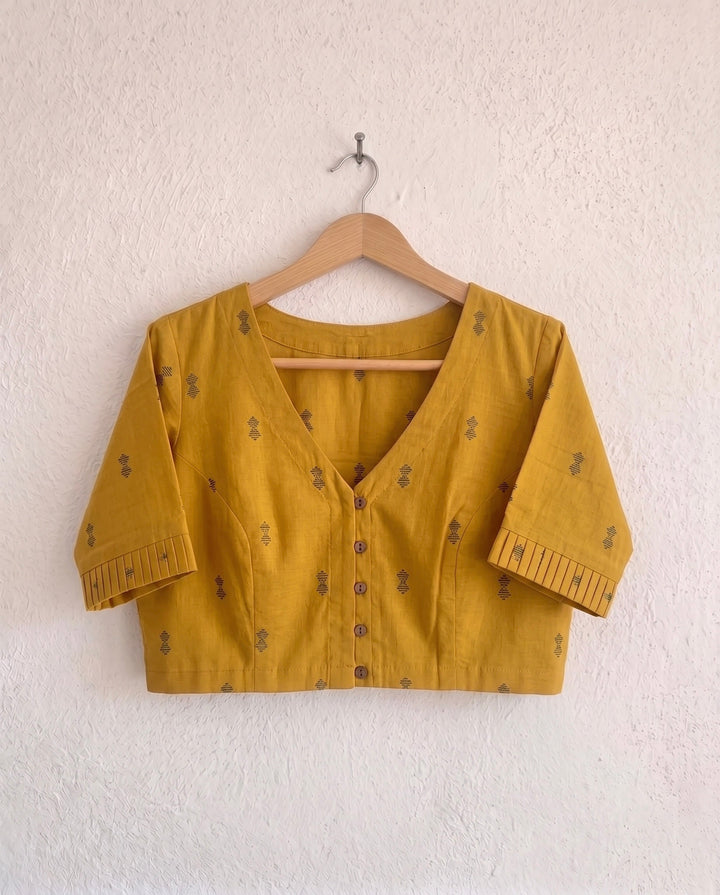 9AM button down blouse with elbow sleeve - Mustard Handwoven