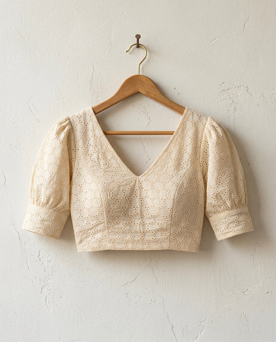 Modern Ease Schiffli Ivory Cotton Blouse with Gathered Sleeve