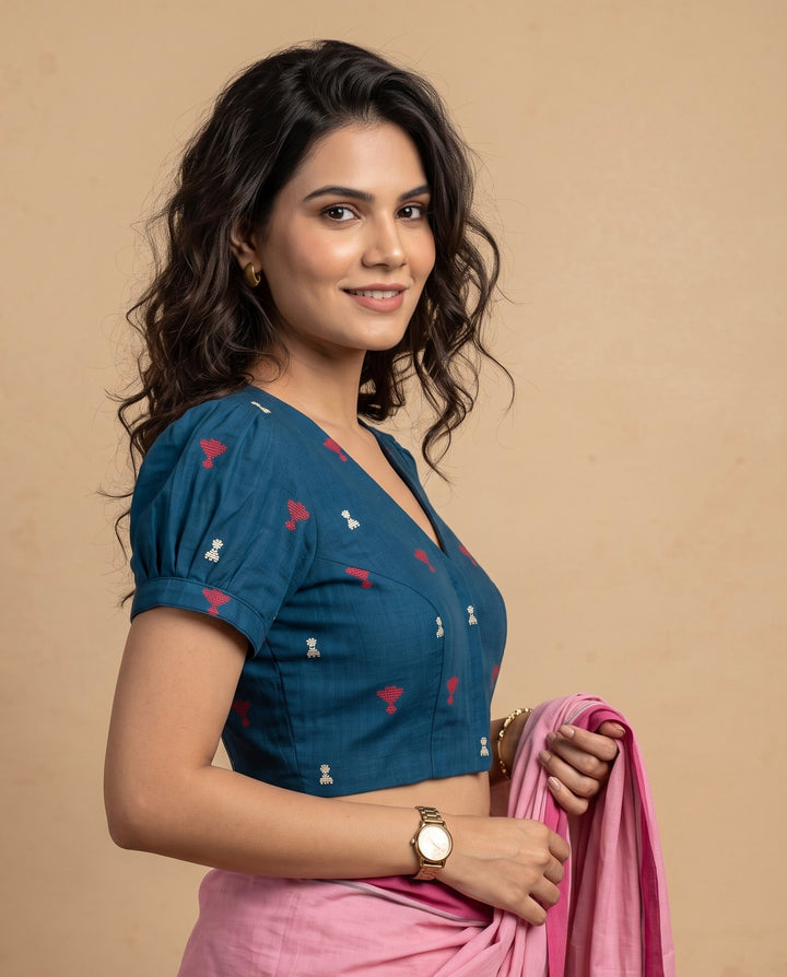 Subtle days V-neck Blue Blouse with Puff Sleeves