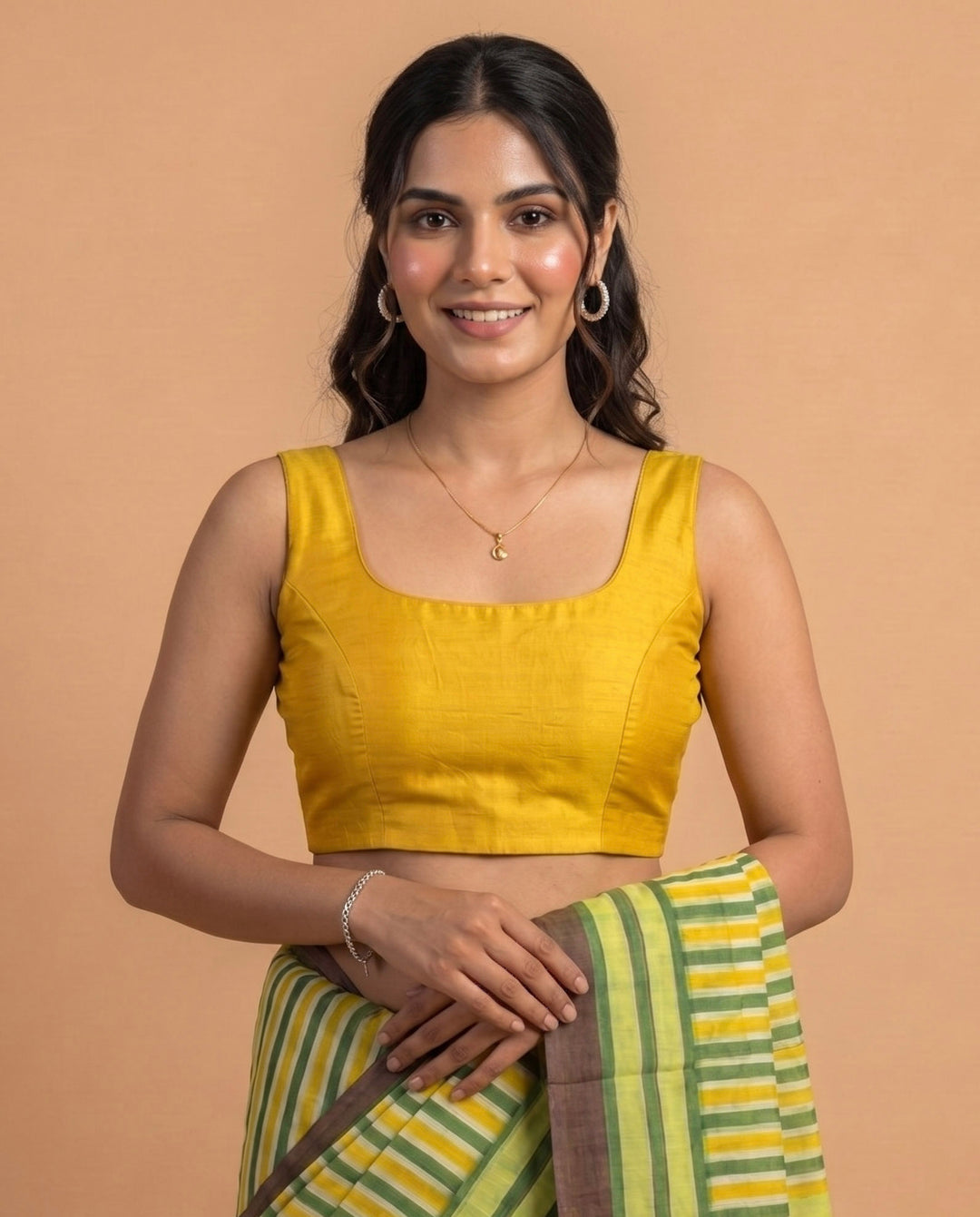 Yellow Art Silk U neck Sleeveless Readymade Blouse