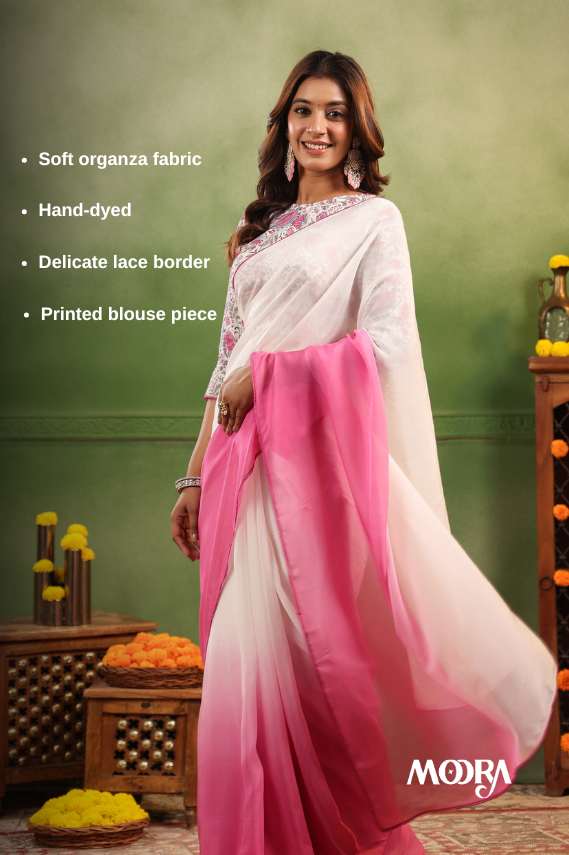 Rosy Pink Ombre Organza Saree with Printed Blouse Fabric