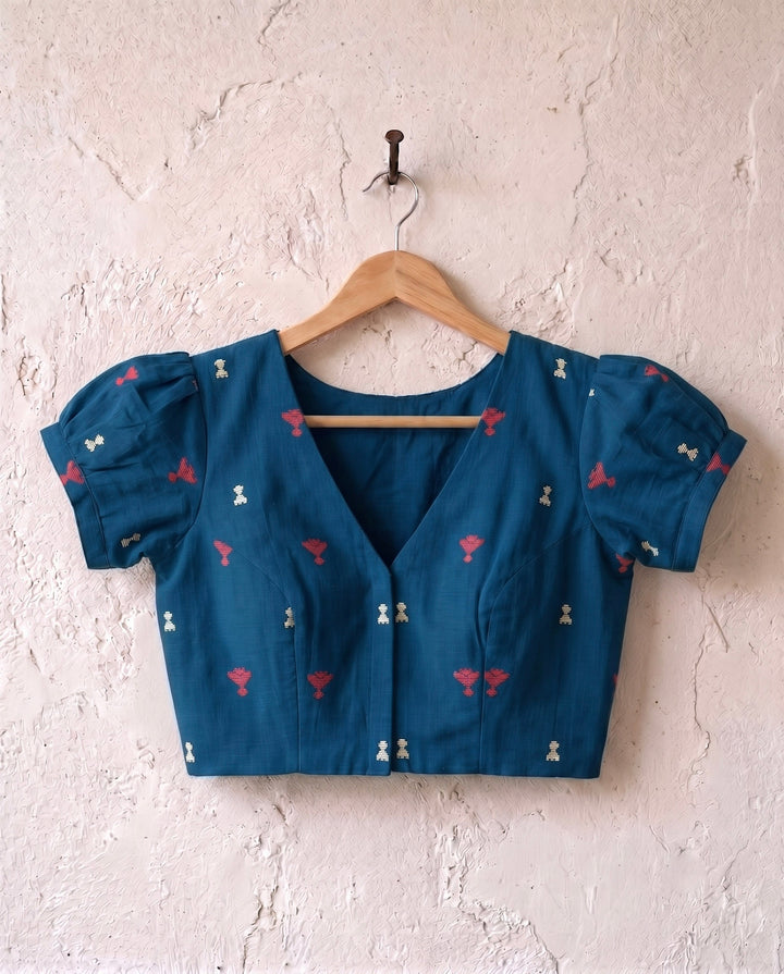 Subtle days V-neck Blue Blouse with Puff Sleeves