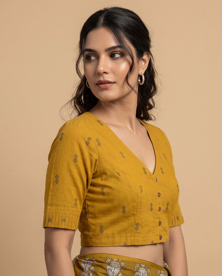 9AM button down blouse with elbow sleeve - Mustard Handwoven